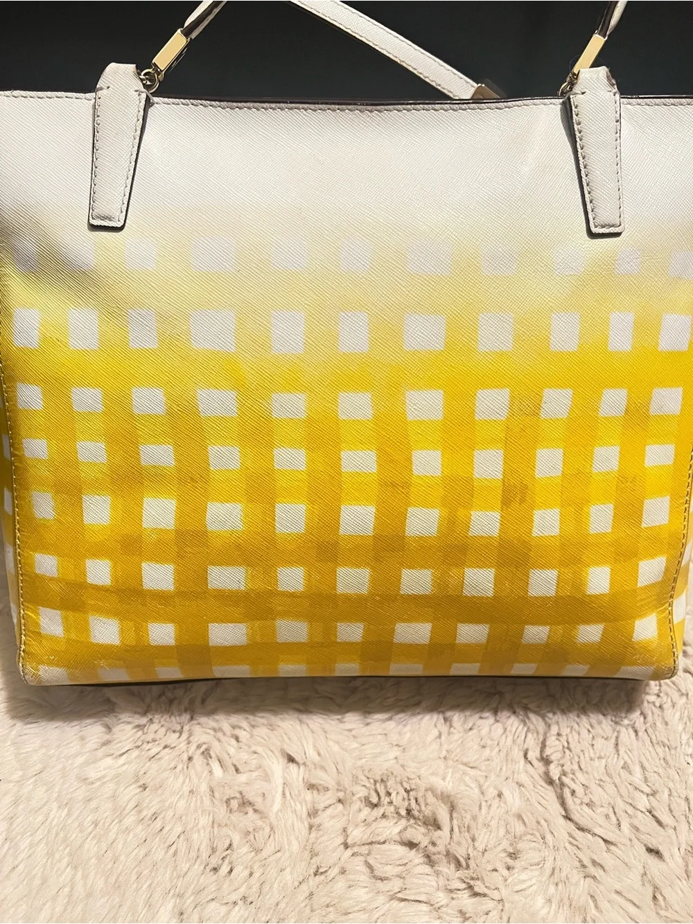 Rare Coach Madison Gingham Leather East West Yellow and Cream Ombre Check Tote